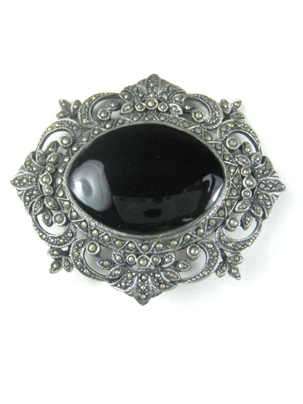 Vintage Sterling Silver 925 Black Onyx Marcasite Filigree Victorian Style Brooch